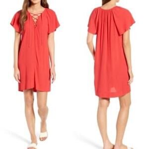 MADEWELL Mini Dress Womens Size Medium Red Ruffle Sleeve Crepe Lightweight Flowy
